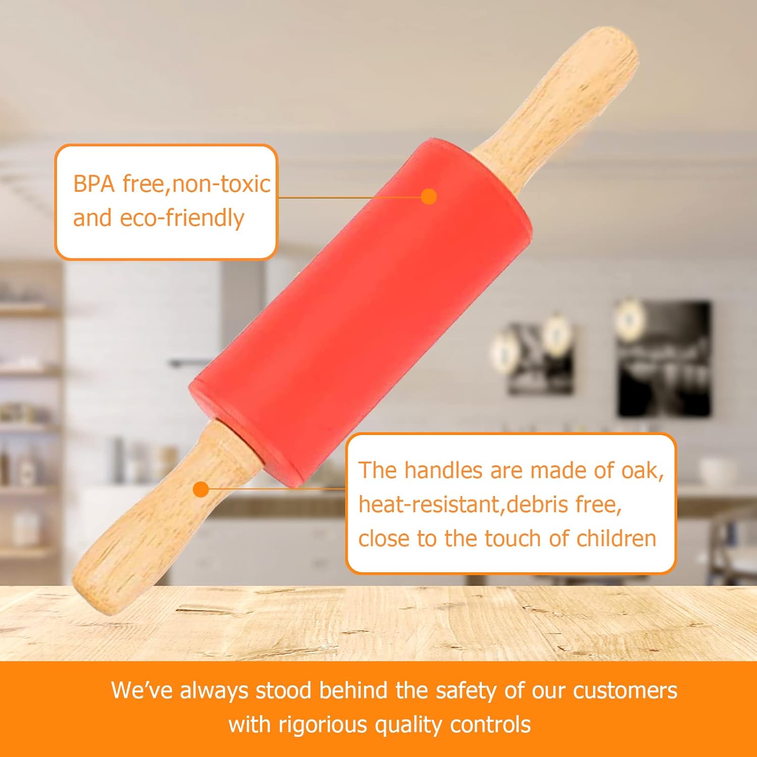 Honglida kids rolling pin in Blue-Orange color on a kitchen counter