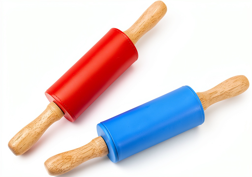 Honglida kids rolling pin in Blue-Red color on a kitchen counter