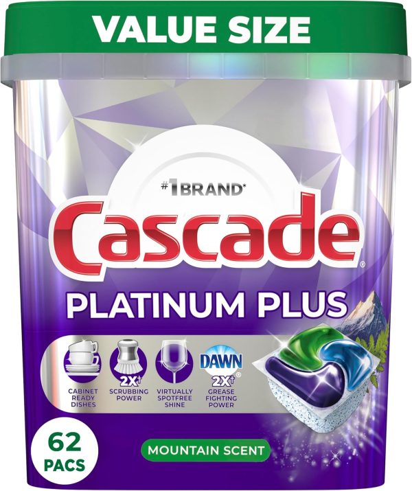 Cascade Platinum Plus ActionPacs Dishwasher Detergent Pods, Dishwasher Soap, Cleaning Supplies, Mountain, 62 Count-0